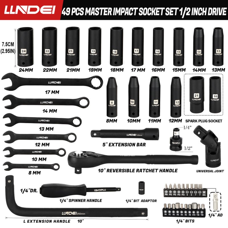 LLNDEI 1/2-Inch Drive Ratchet Impact Socket Wrench Set Deep Sockets(8-24mm) Spark Plug Socket(16 21mm) 49PCS  CR-V  Metric Combination Wrenches (8-17mm) 72T Ratchet Handle for Mechanics - Image 2